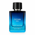 Blue perfume bottle labeled 'Ocean Man' on a white background