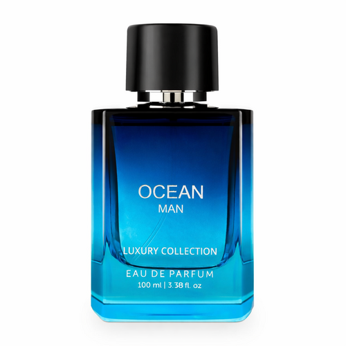 Blue perfume bottle labeled 'Ocean Man' on a white background