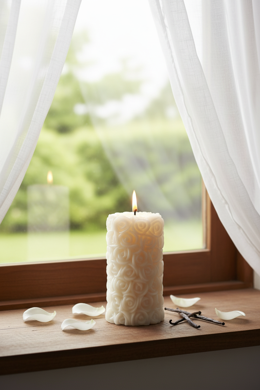 White Vanilla Rose Candle by the Window
