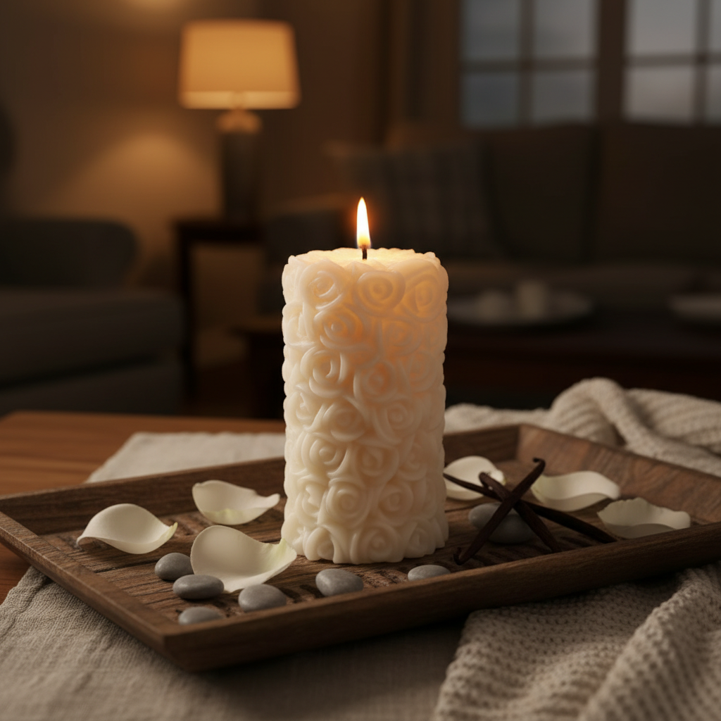 White Vanilla Rose Pillar Candle
